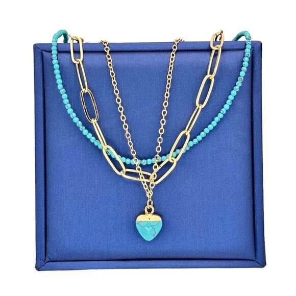 NWT Layered Heart Pendant Necklace Set 3PCs 14K Gold Plated Turquoise Boho - Picture 7 of 9
